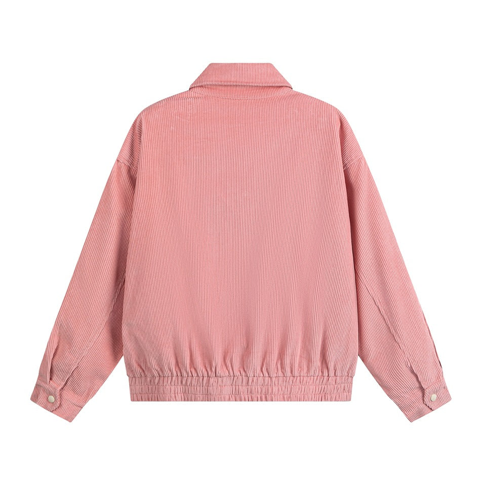 Back view of a dusty pink corduroy jacket with a pointed collar, long sleeves, button cuffs and an elasticated hem.