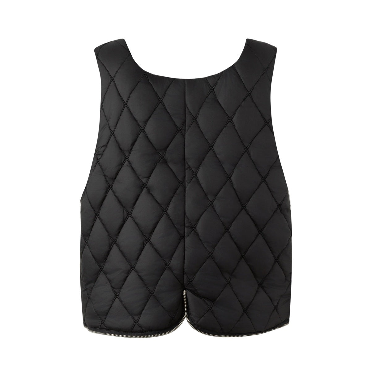 Back view of a black diamond-quilted sleeveless vest with a curved hem and zipper trim on a white background.