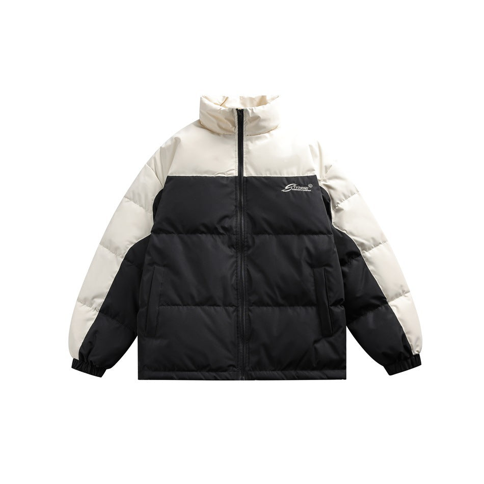 Black and cream color-block puffer jacket with stand collar and front zipper, flat front view