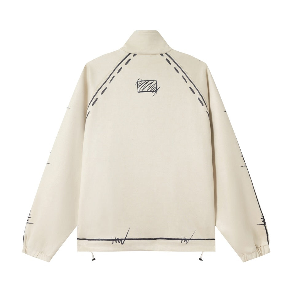 Back view of a cream zip-up jacket with a high collar, gathered cuffs, drawcord hem, and dark sketch-style graphics.