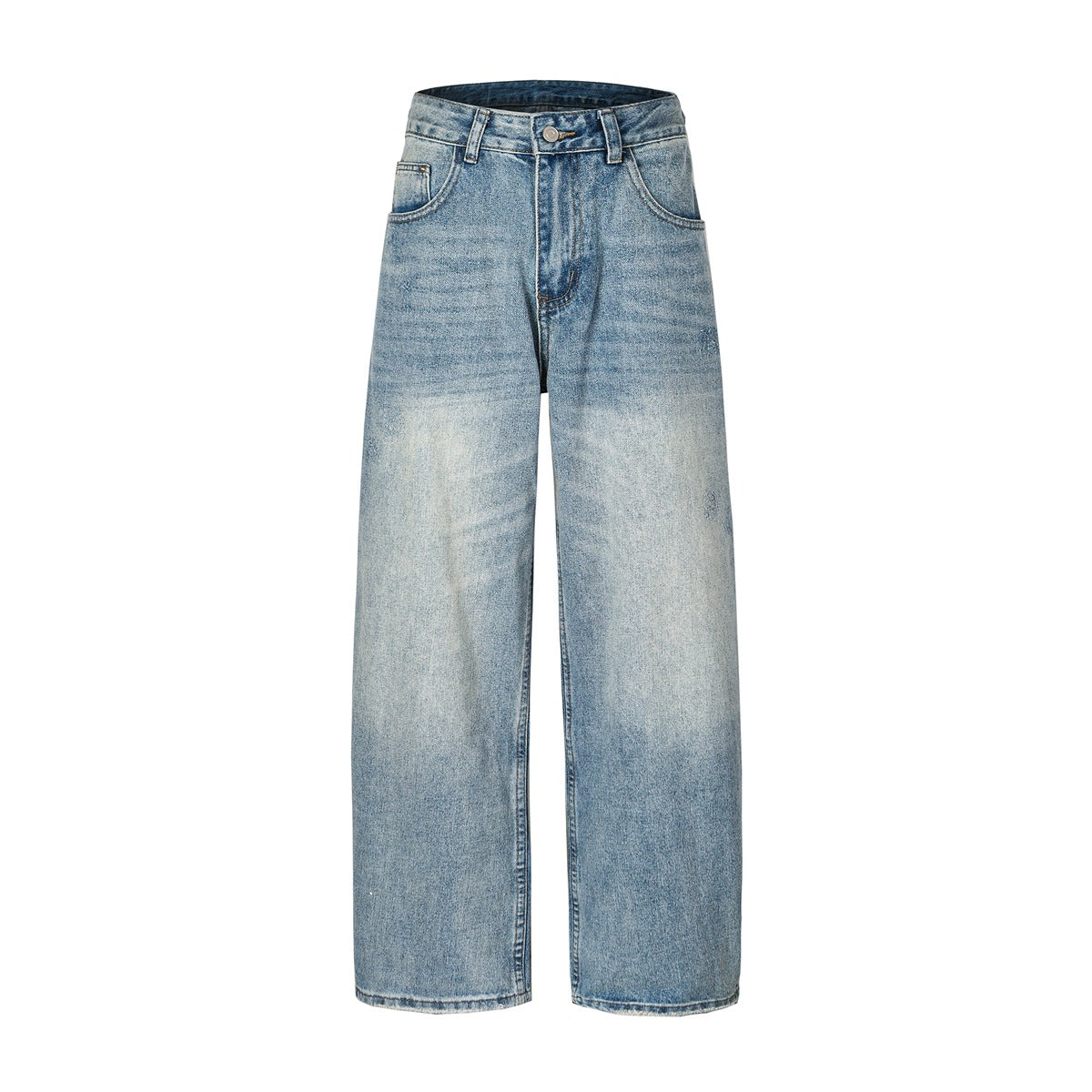 Front view of light-blue washed wide-leg denim jeans with button closure, zip fly and faded whiskering