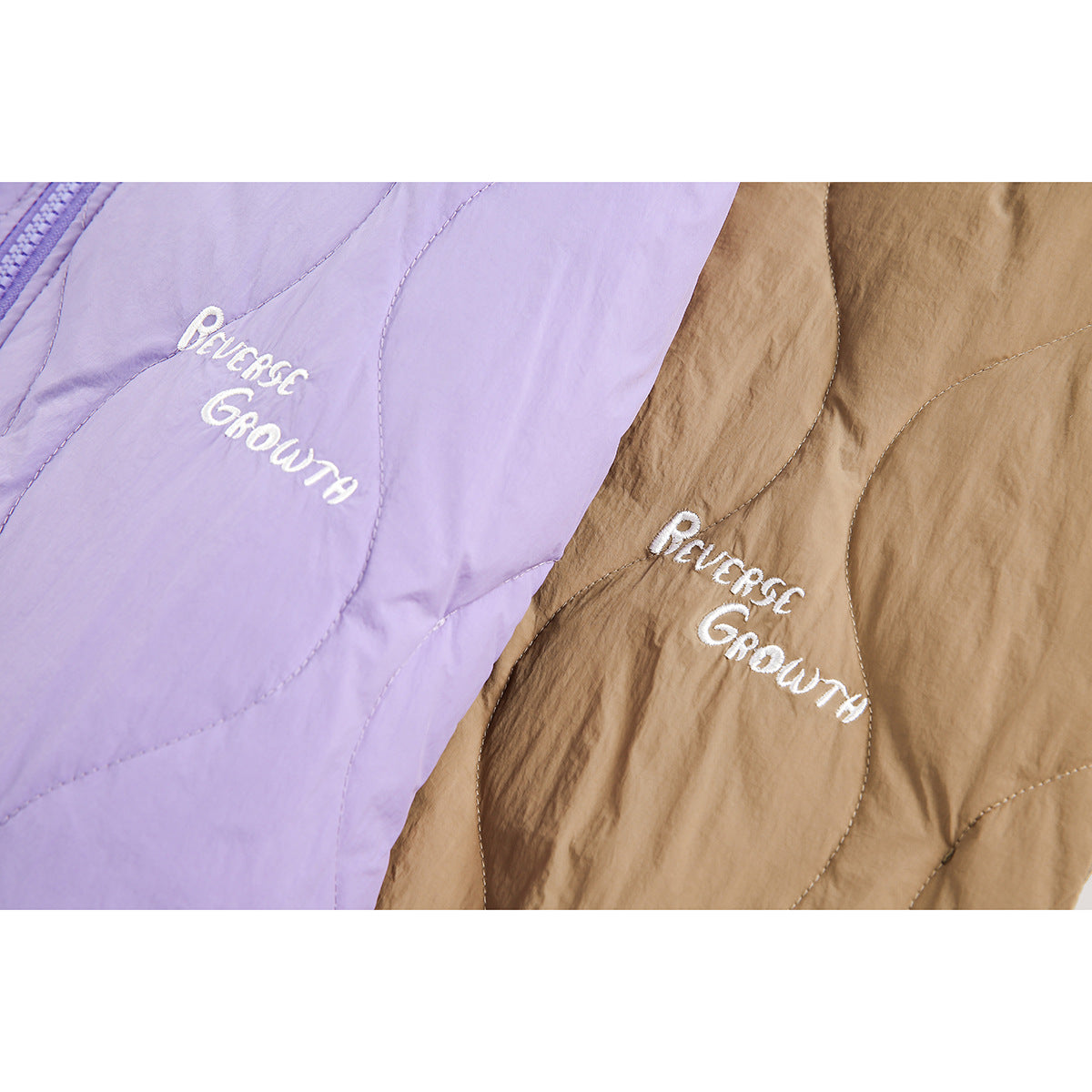 Close-up of white “Reverse Growth” embroidery on lavender and tan quilted vest fabric.