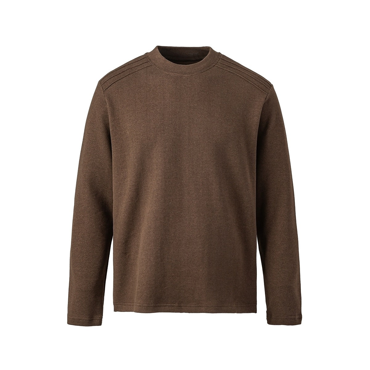 Brown heathered long-sleeve crew-neck top with shoulder tuck detailing, flat front view