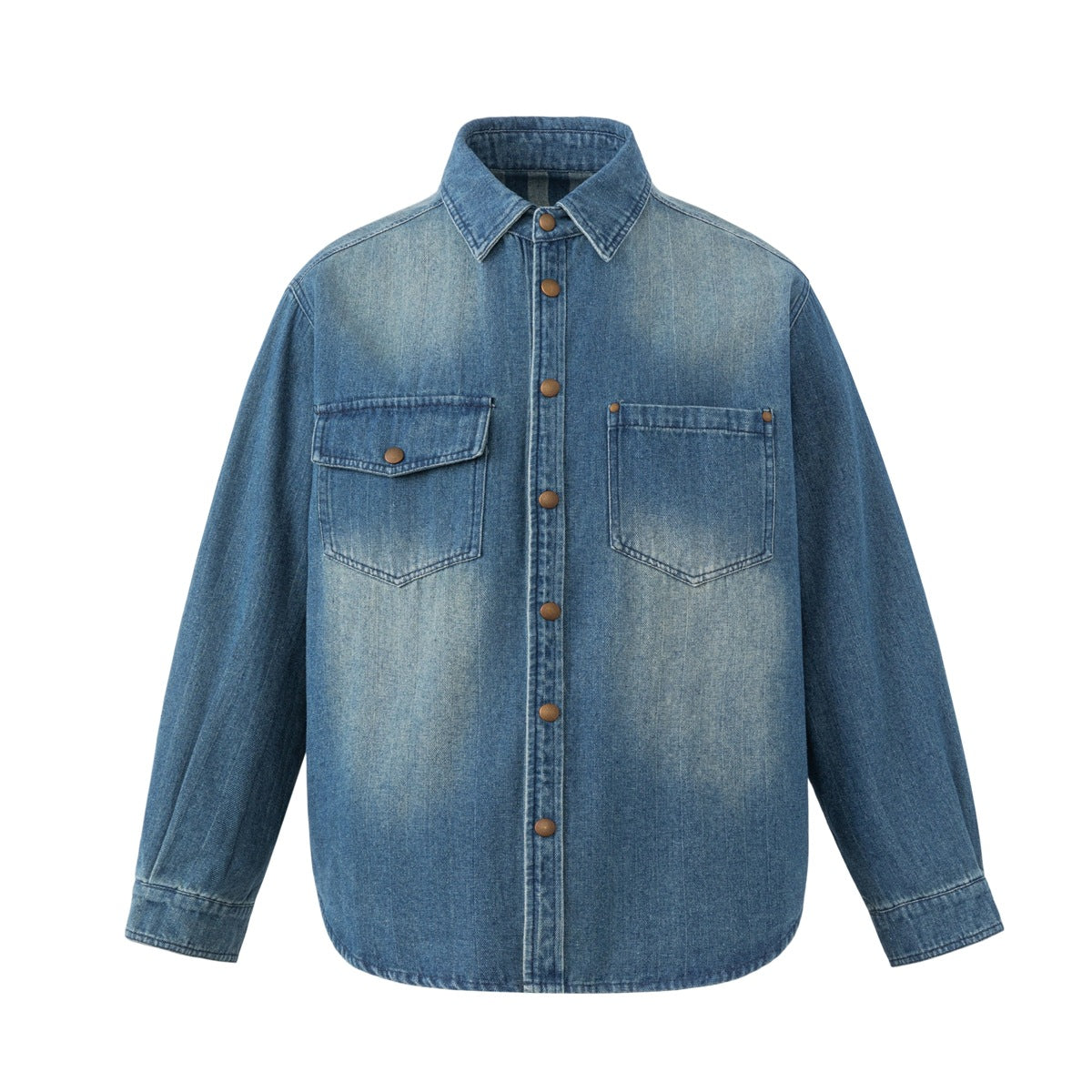 Blue washed denim shirt-jacket front view with snap buttons, flap chest pocket and patch pocket
