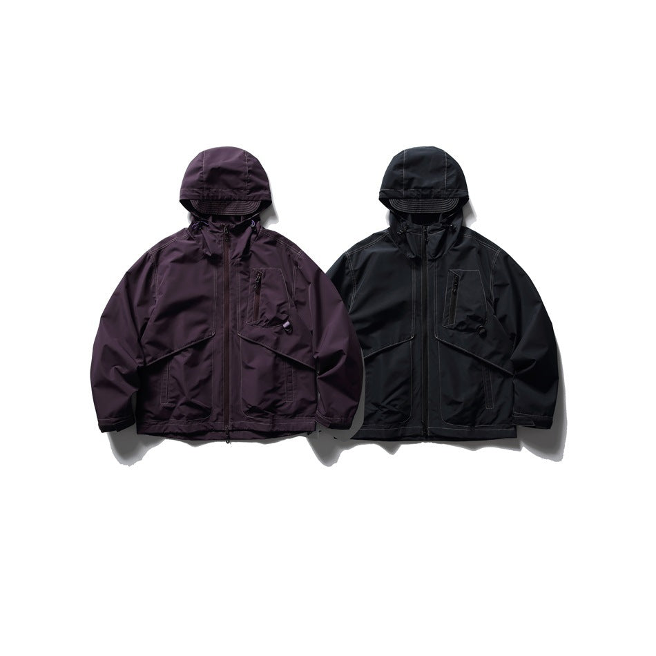 Two hooded jackets shown from the front in dark plum and black, with multiple pockets and zip closures.