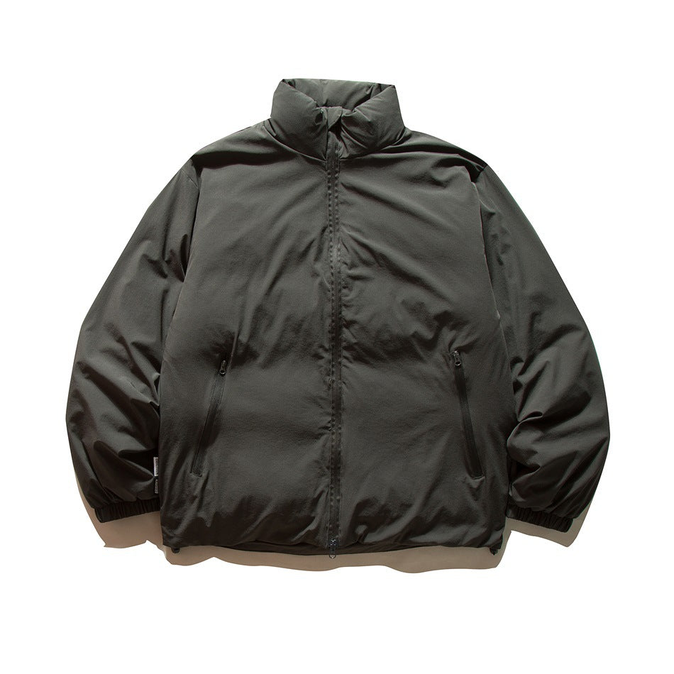 Dark gray padded stand-collar jacket, flat lay front view with zipper and slanted pockets