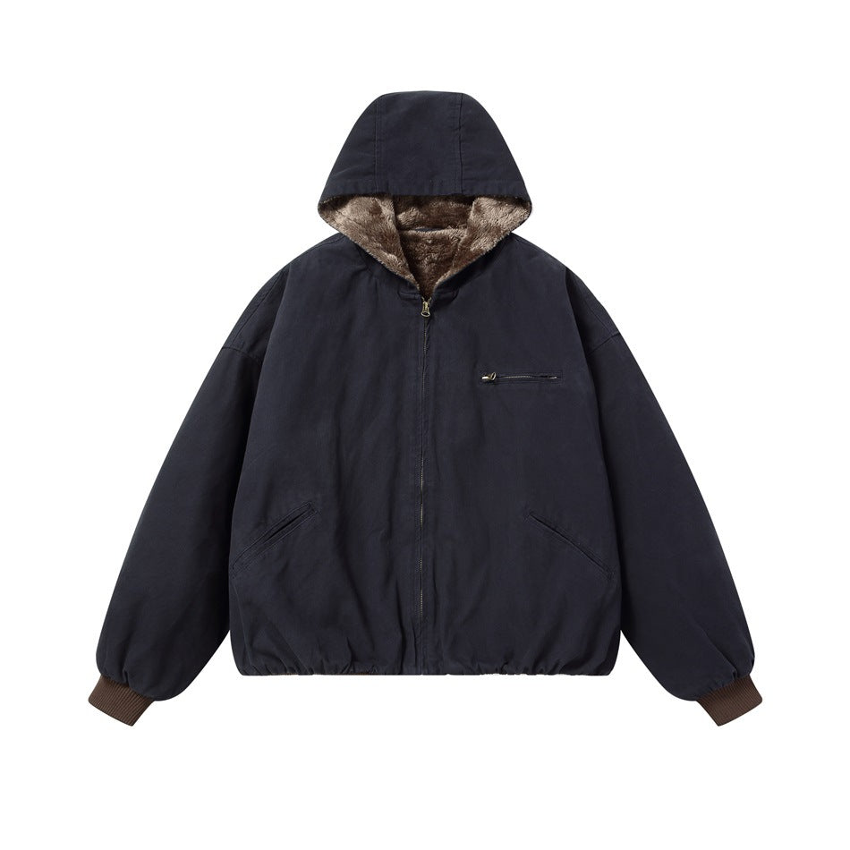 Navy hooded zip jacket flat lay with brown ribbed cuffs, chest zip pocket and slanted front pockets