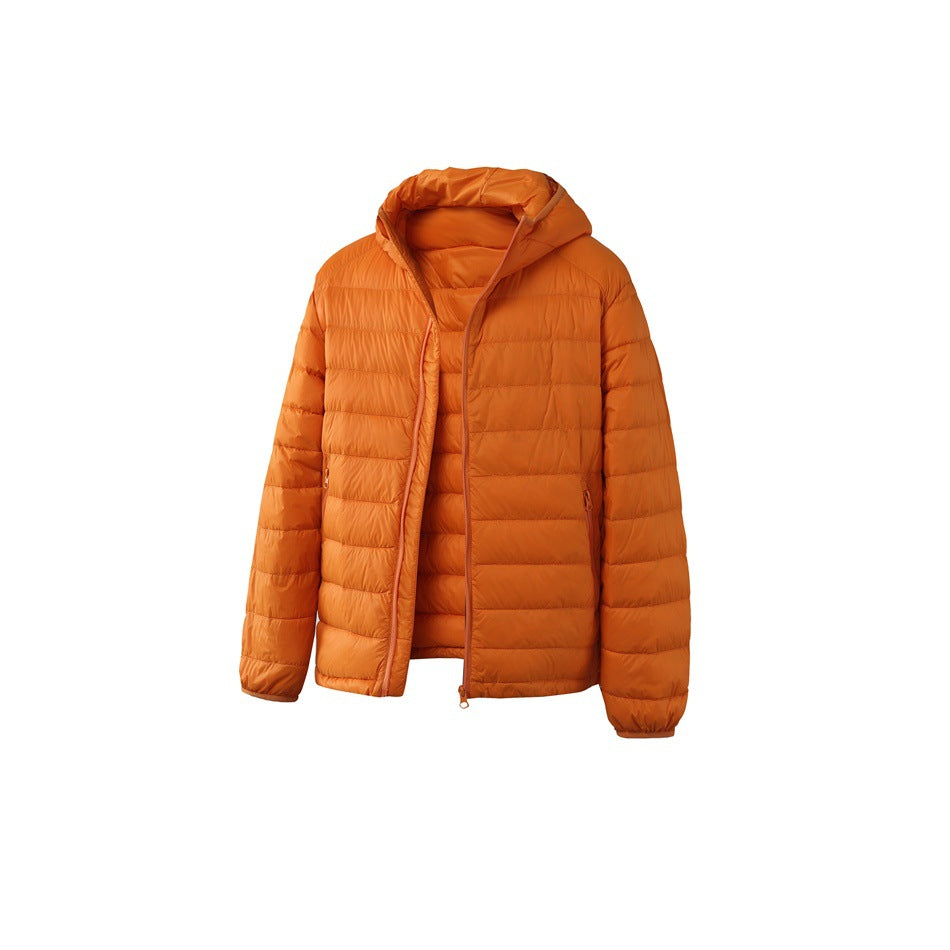 Orange hooded puffer jacket shown from the front, with horizontal quilting, a front zipper and zip pockets.