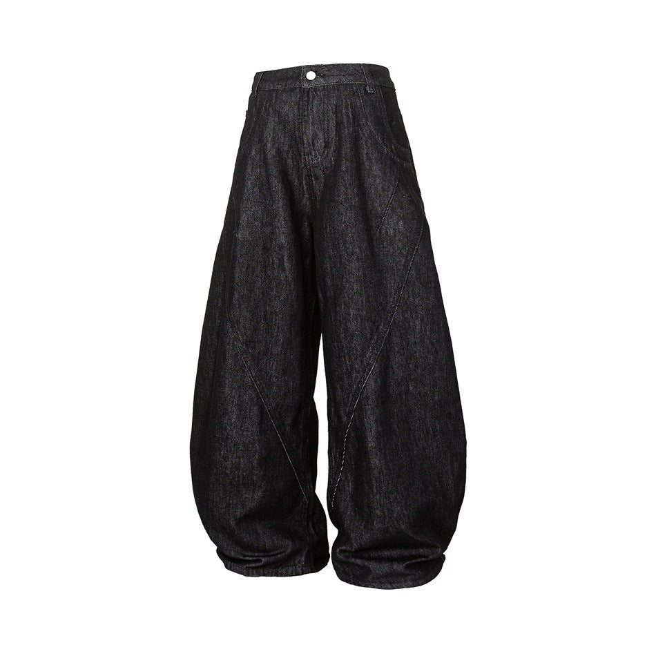 Black washed wide-leg barrel jeans, front view, with curved diagonal seams and a button waist