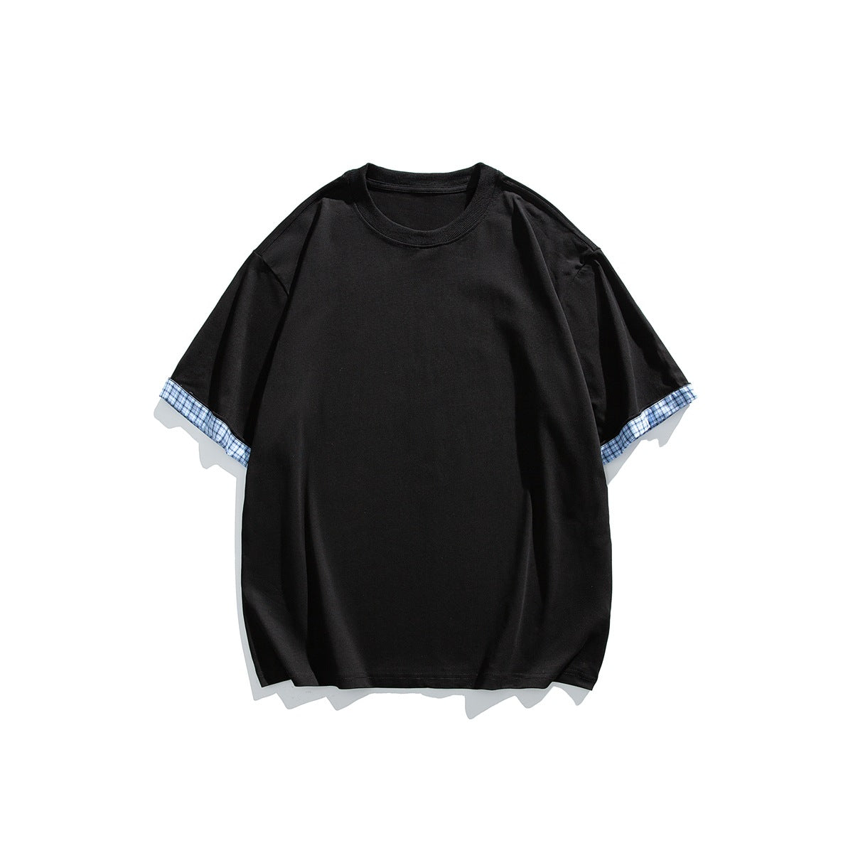 Black short-sleeve crewneck T-shirt with blue plaid cuffs on the sleeve hems, flat lay front view
