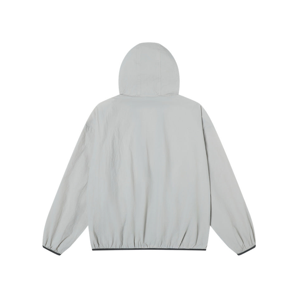 Back view of a light gray hooded jacket with long sleeves and elasticized cuffs.