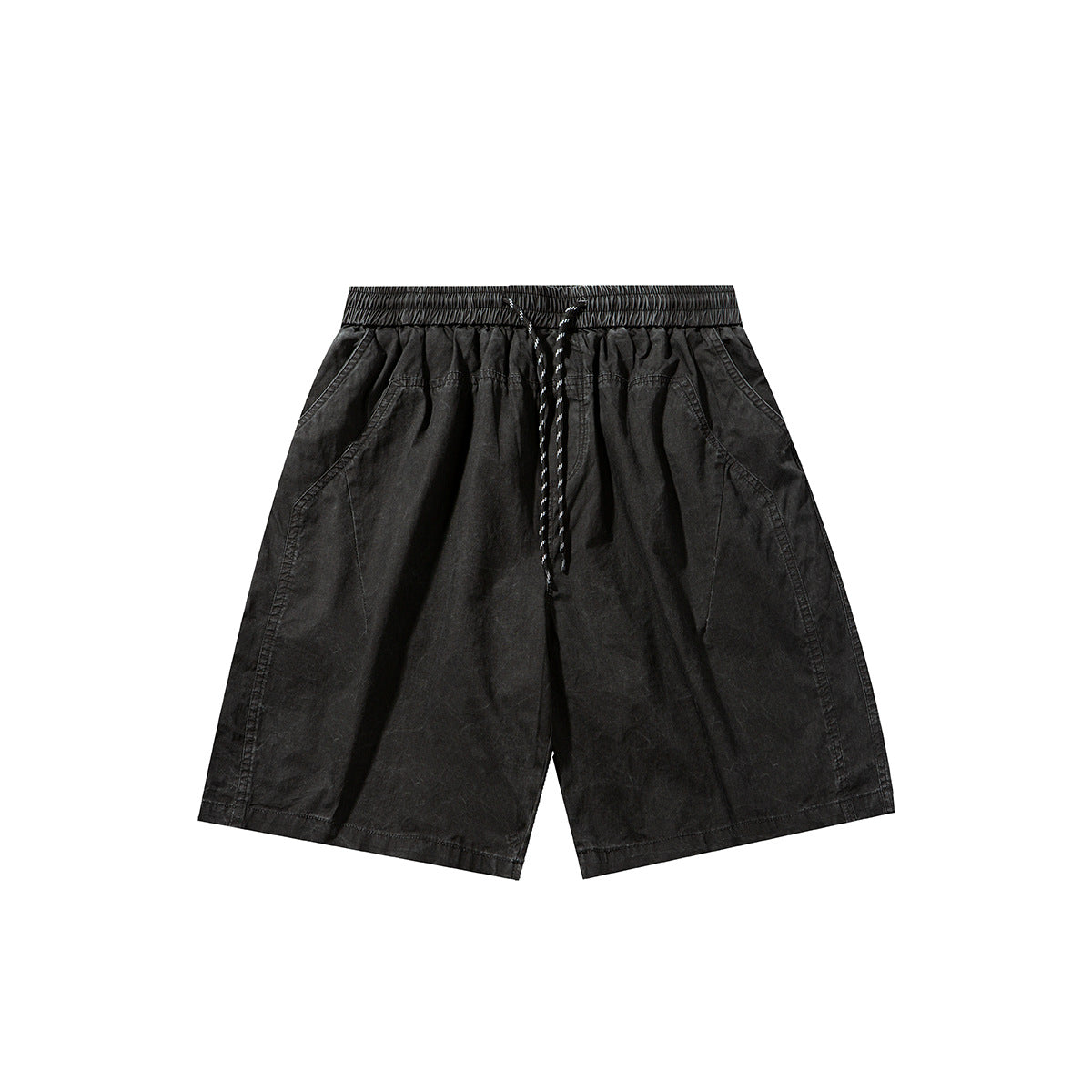 Black washed-look knee-length shorts with elastic waist, rope drawstring and slanted side pockets, flat front view
