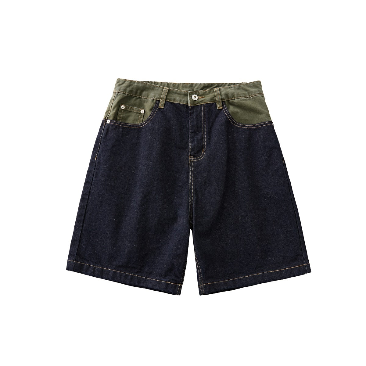 Dark indigo denim shorts with an olive green waistband panel, button closure and contrast tan stitching, front view