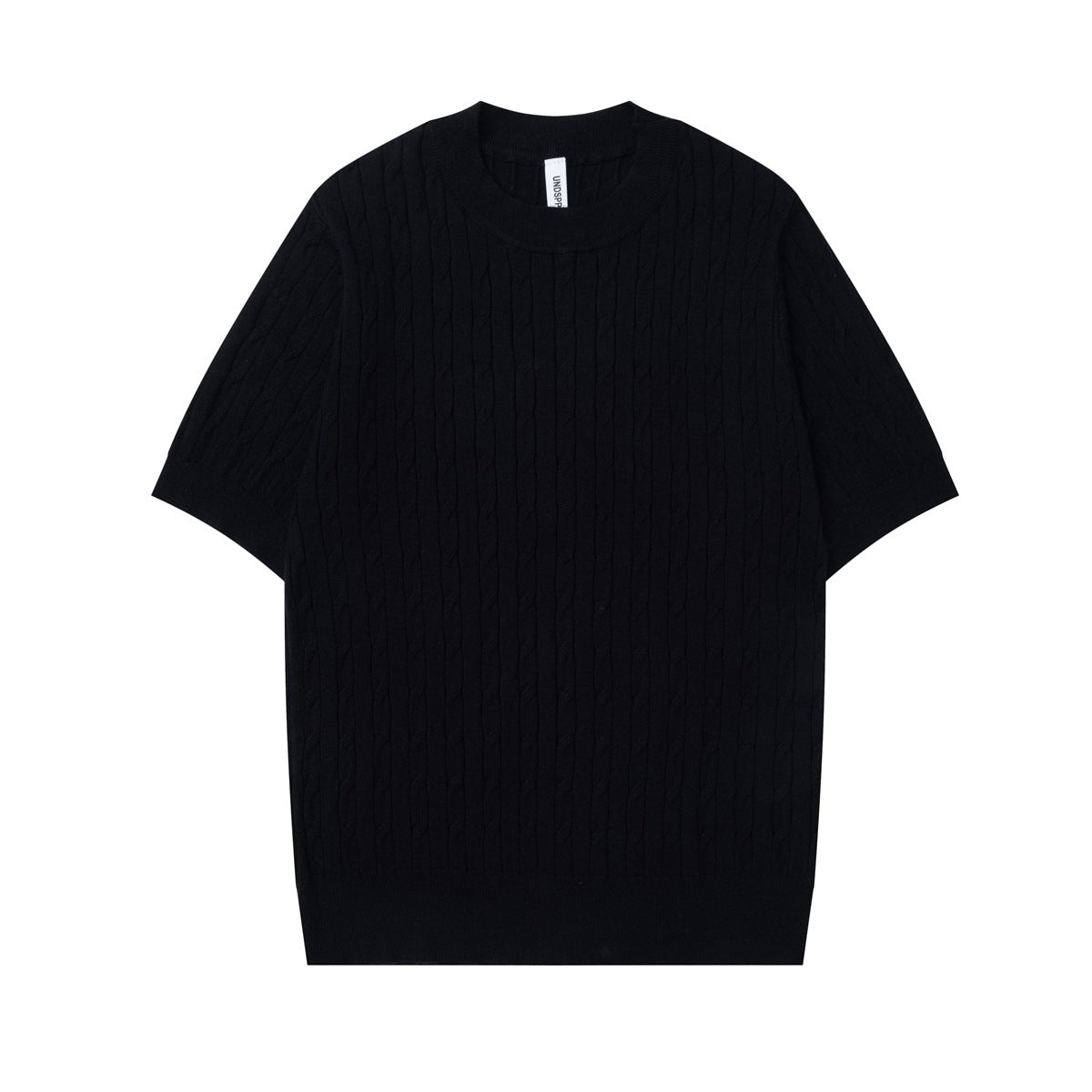Black cable-knit short-sleeve crew-neck top, flat front view