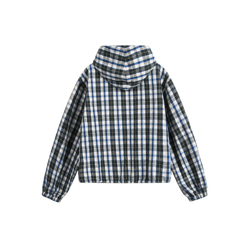 Back view of a blue, cream, and black plaid hooded jacket with long sleeves and gathered cuffs, on white.