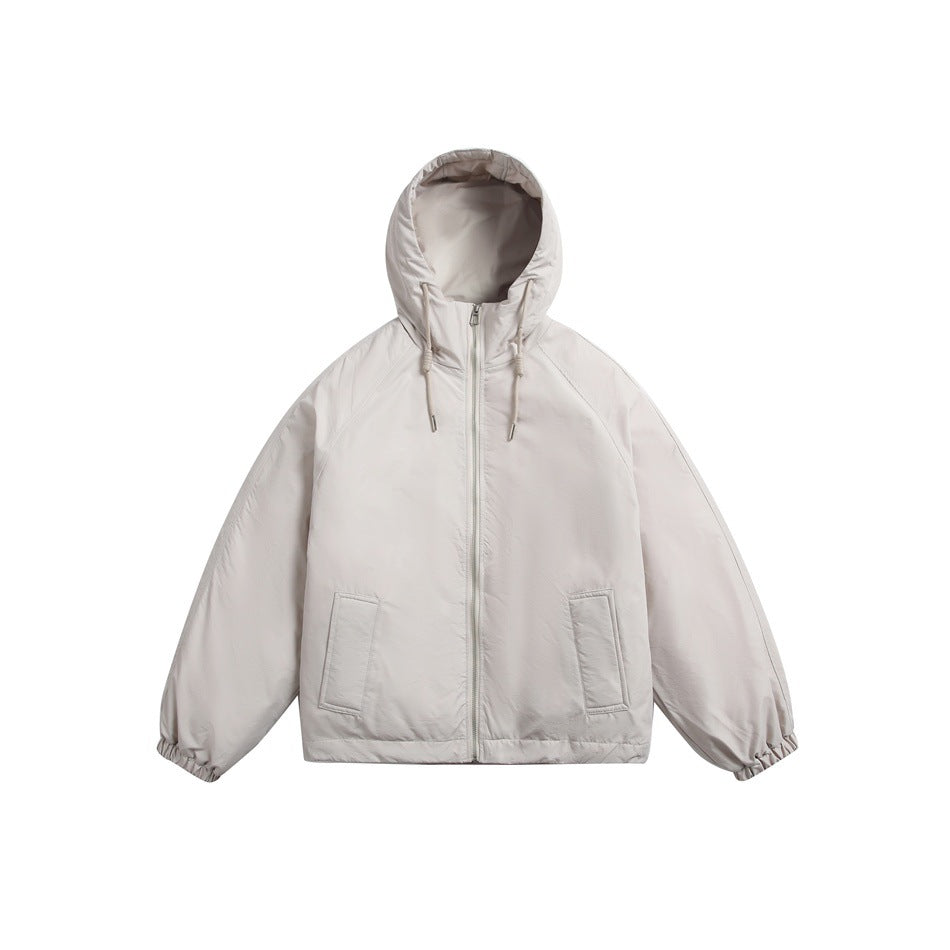 Light gray hooded zip-front jacket flat lay with drawstring hood, raglan sleeves, front pockets and elastic cuffs