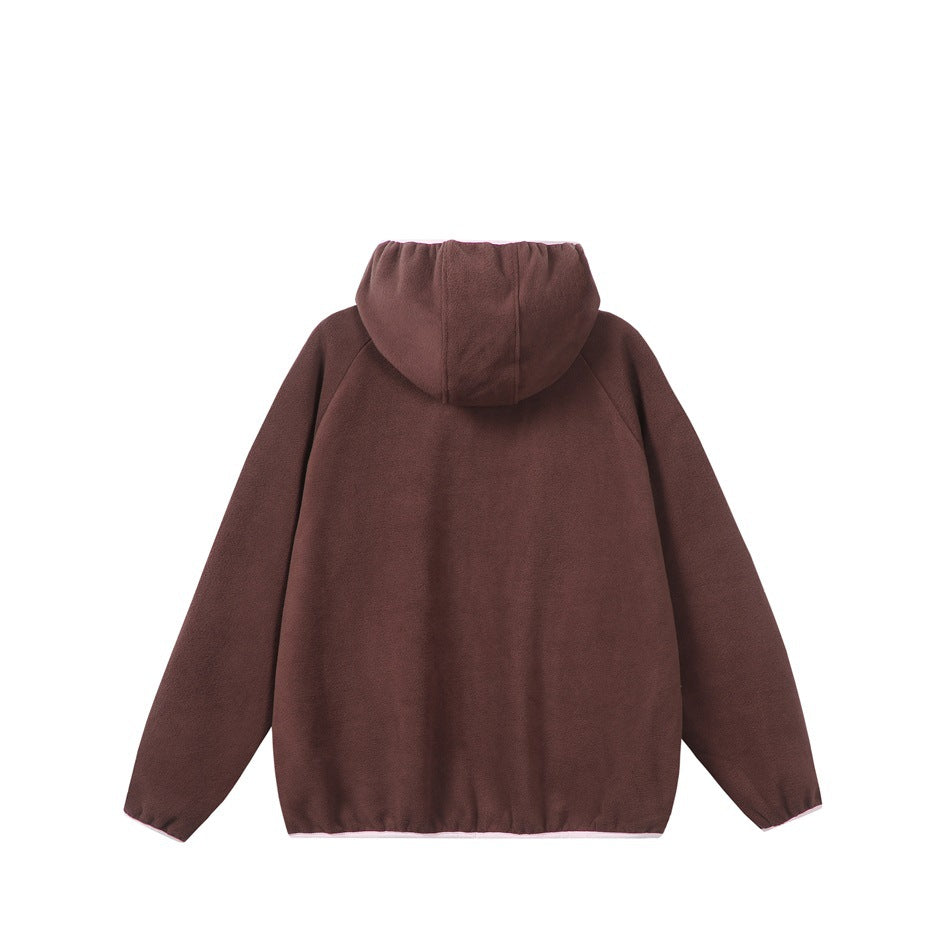 Back view of a dark brown hooded jacket with long sleeves and pale trim along the hem and cuffs.