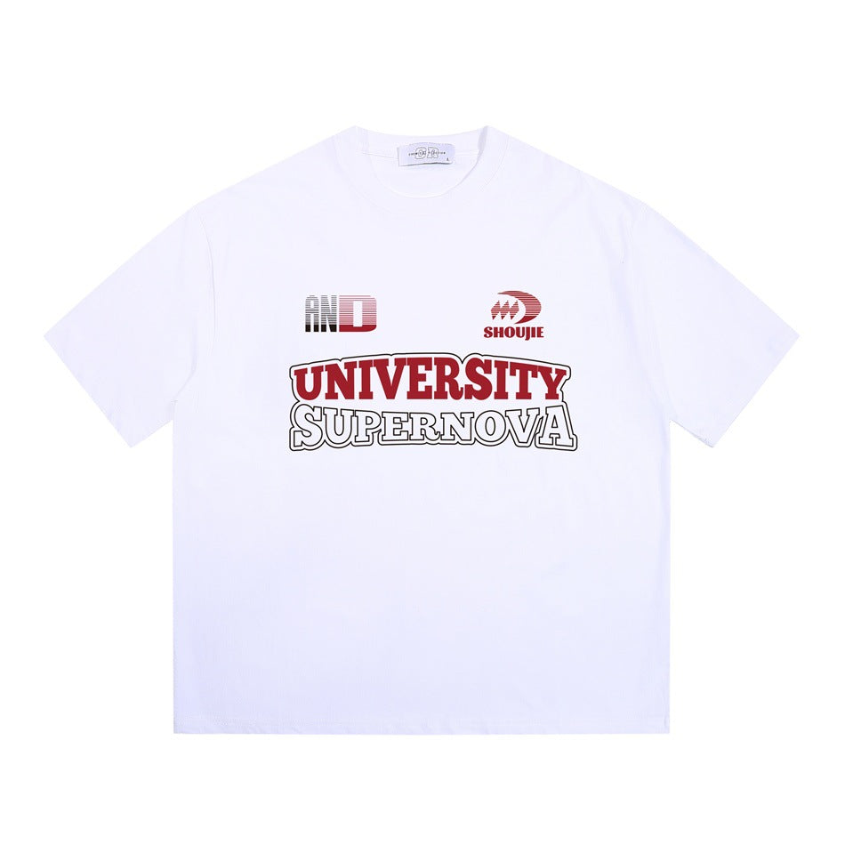 White short-sleeve crew-neck T-shirt with red UNIVERSITY and outlined SUPERNOVA chest print, flat front view
