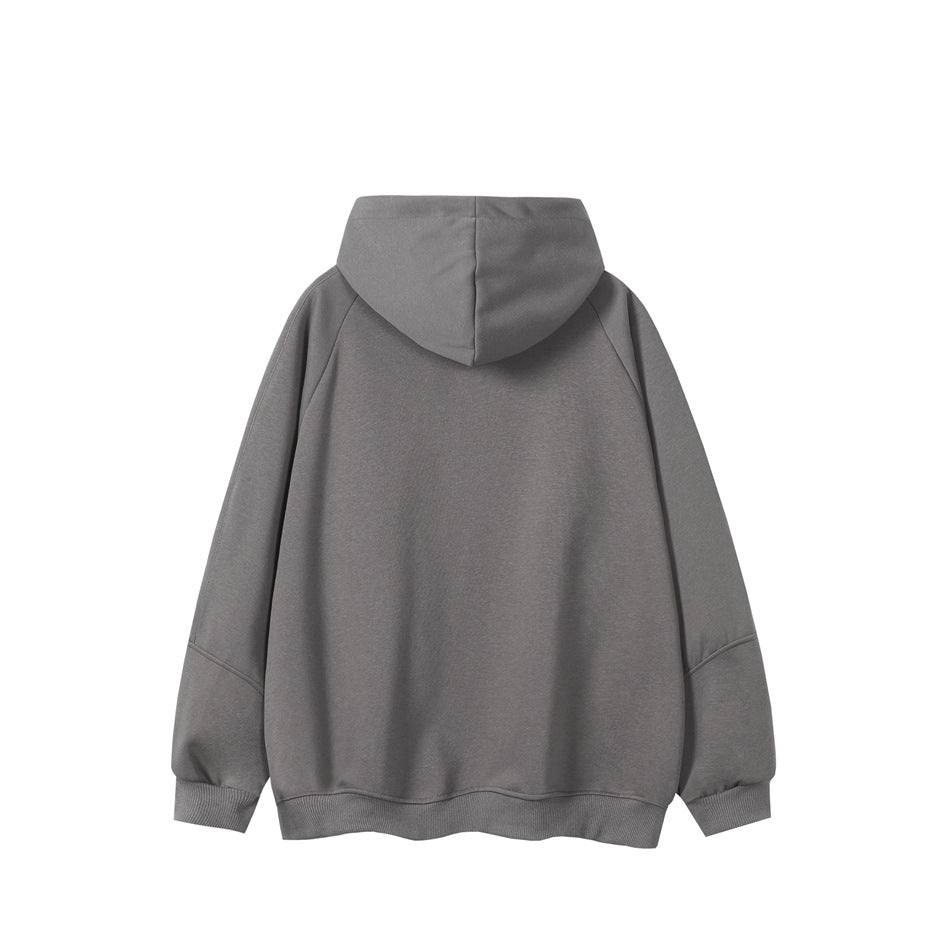 Back view of a plain gray hoodie with a hood, long sleeves and ribbed cuffs and hem.