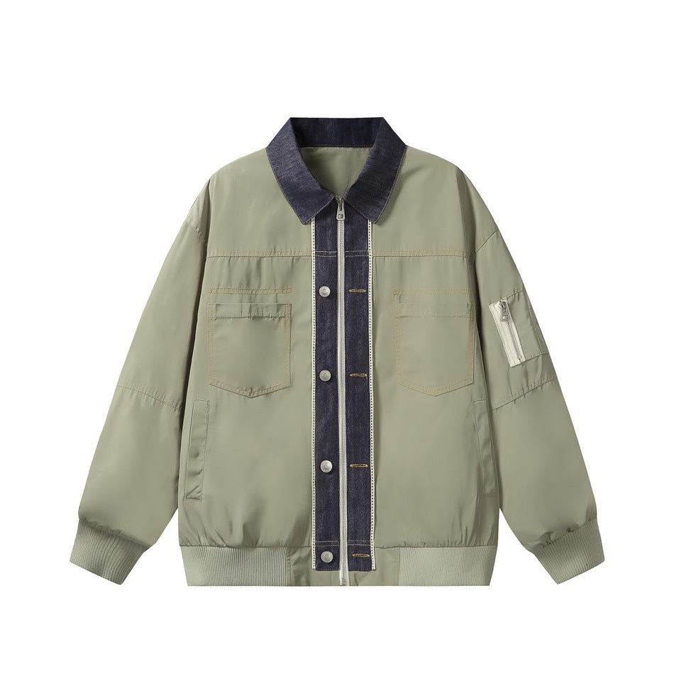 Sage green bomber-style jacket front with denim-look collar and placket, chest pockets and zippered sleeve pocket