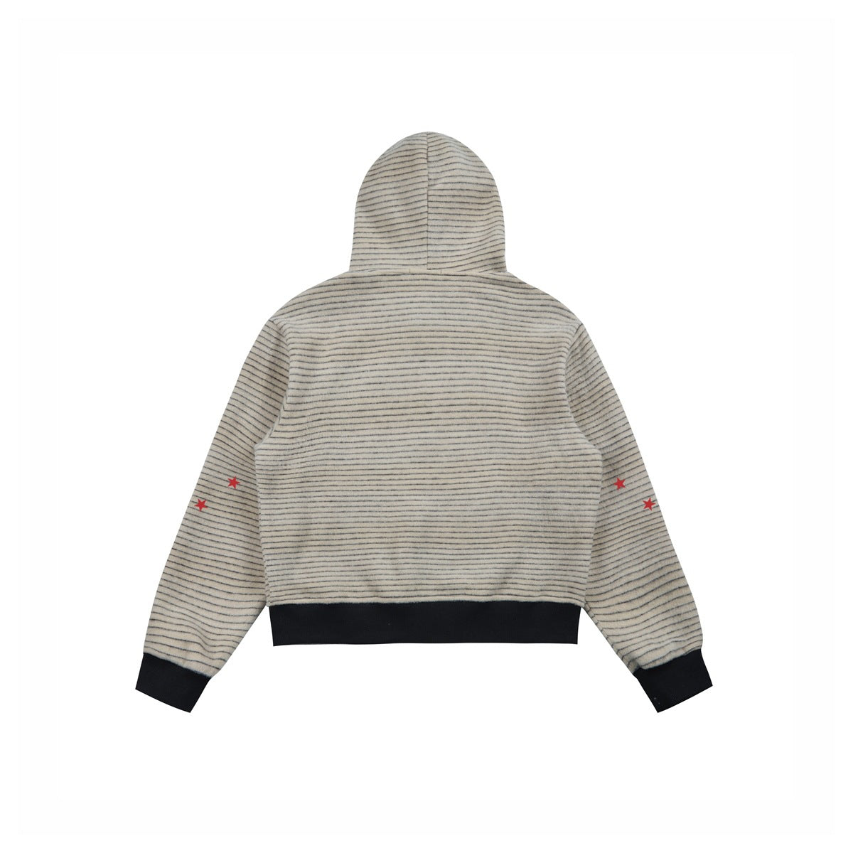 Back view of a beige hooded jacket with thin gray stripes, red sleeve stars, and black ribbed hem and cuffs.