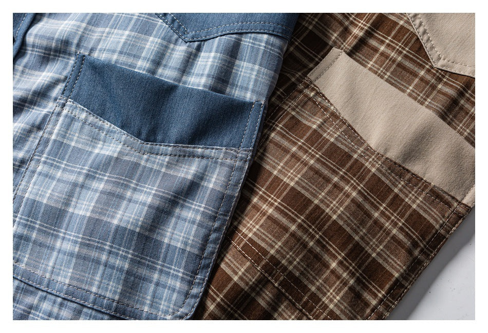 Close-up of blue and brown plaid shirt fronts, highlighting their contrasting chest panels and patch pockets.
