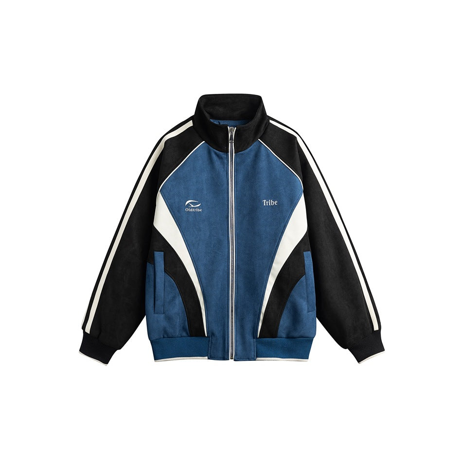 Blue, black, and white zip-front jacket with a stand collar, contrasting panels, sleeve stripes, and ribbed cuffs and hem.