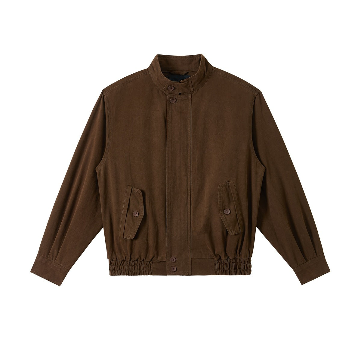 Coffee-brown stand-collar jacket flat lay with button flap pockets, elastic hem and button cuffs