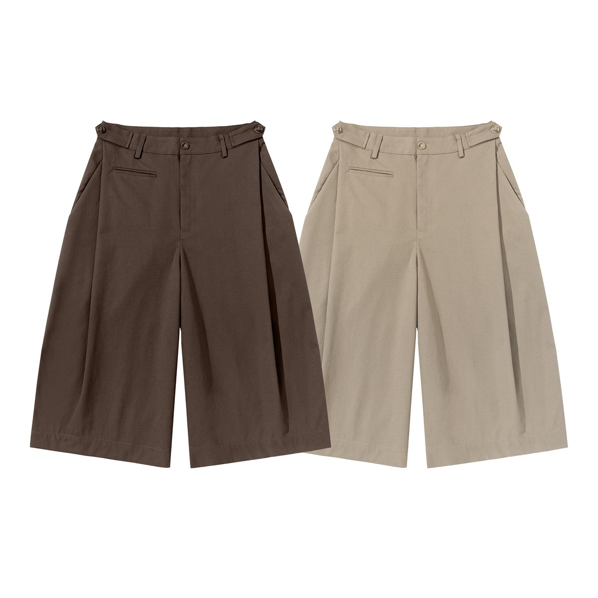 Two pairs of wide-leg cropped trousers shown from the front in dark brown and taupe.