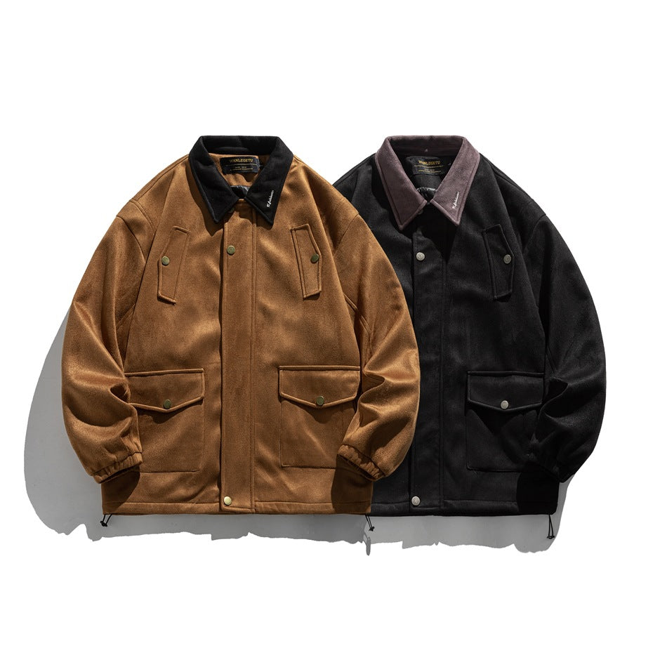 Front view of two jackets: one brown with a black collar and one black with a muted mauve collar; both have snap pockets.