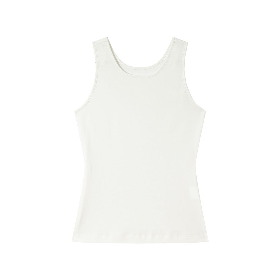 Plain white sleeveless tank top with a scoop neckline, shown from the front on a white background.
