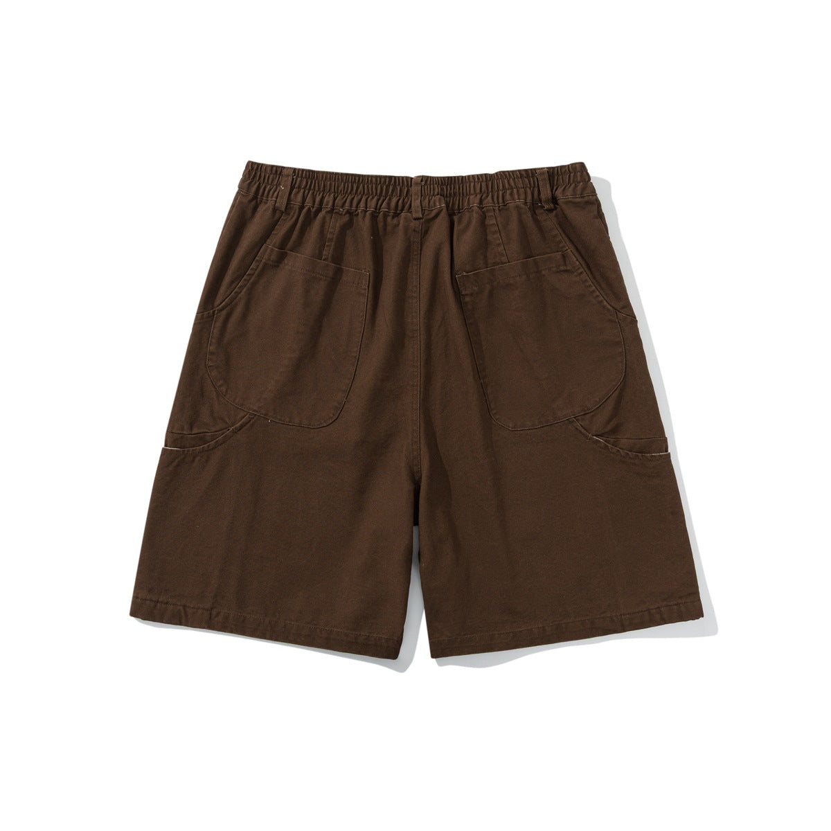 Back view of brown shorts with an elastic waistband, two patch pockets, and curved side pockets.