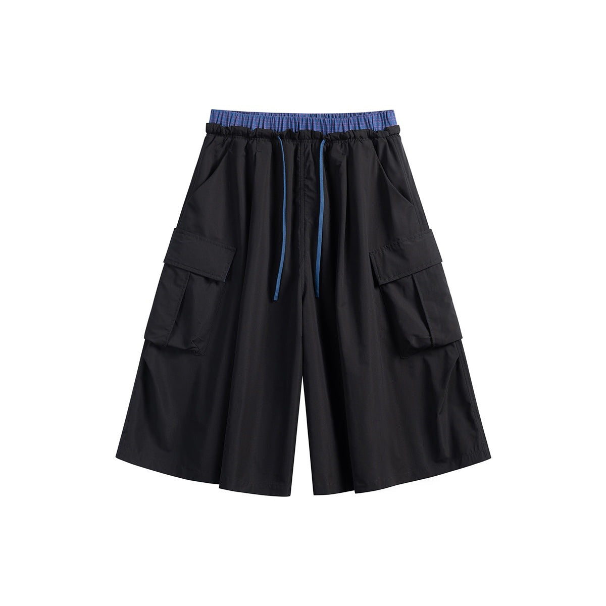 Black knee-length wide-leg cargo shorts with blue drawstring, blue plaid inner waistband and flap pockets