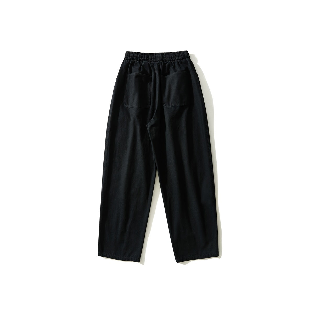 Back view of black wide-leg pants with elastic waistband and two patch back pockets