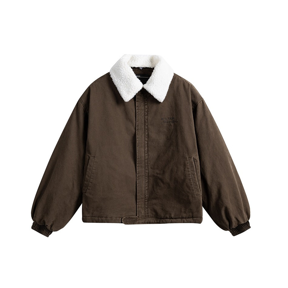 Coffee brown jacket with white fleece-textured collar, concealed front closure, slanted pockets and ribbed cuffs, front view