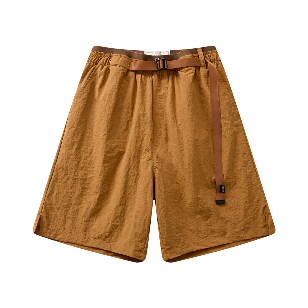 Ginger yellow knee-length shorts with brown contrast waistband and matching webbing belt, front flat view