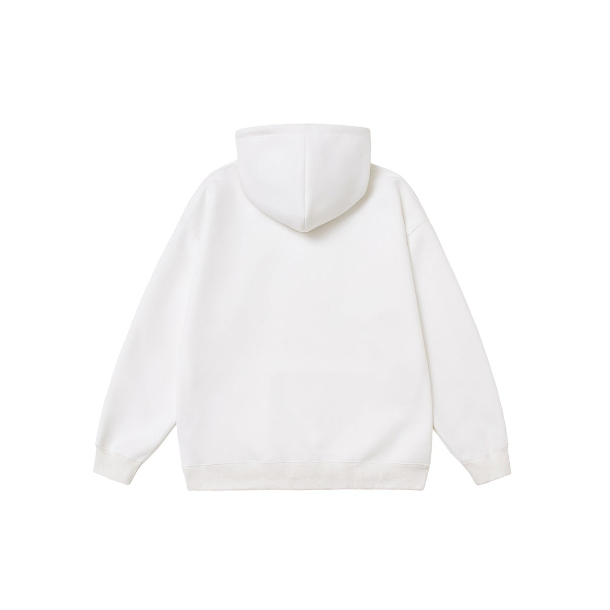 Back view of a plain white pullover hoodie laid flat, with a hood, long sleeves, ribbed cuffs, and hem.