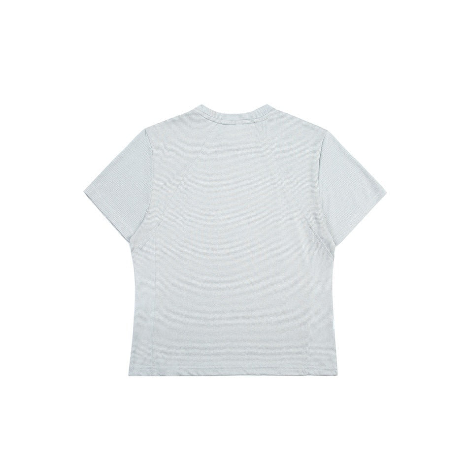 Full back view of a light gray short-sleeve crew-neck shirt, laid flat on white.