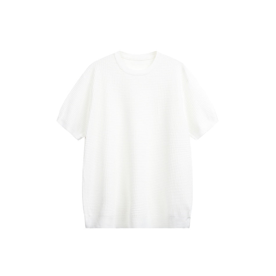 White short-sleeve crew neck top with waffle-grid knit texture and ribbed trim, flat front view