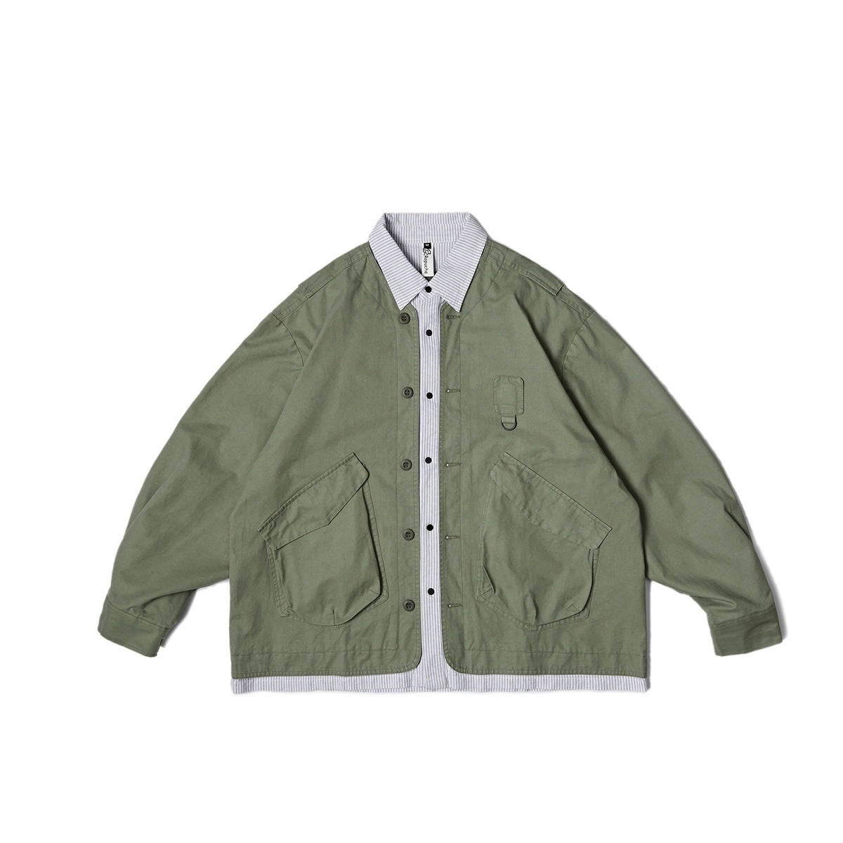 Green button-front jacket with gray striped collar and hem, large flap pockets and D-ring chest tab, flat lay