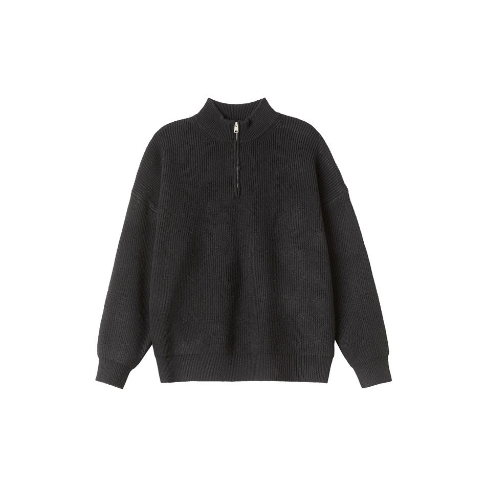 Black ribbed-knit quarter-zip sweater with stand collar and dropped shoulders, flat front view
