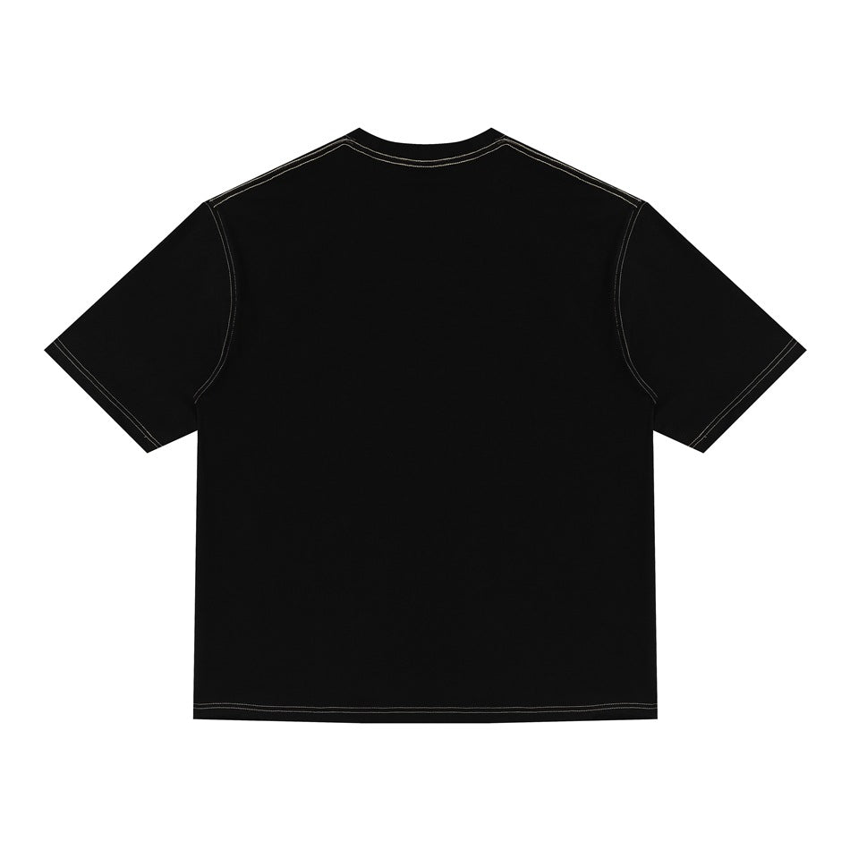 Back view of a black short-sleeve T-shirt with contrast stitching along the seams.