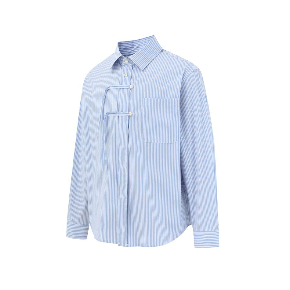 Front view of a light blue and white striped long-sleeve shirt with a chest pocket and decorative button tabs.