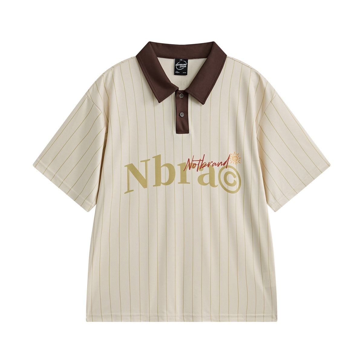 Beige pinstripe short-sleeve polo shirt with dark brown collar, two buttons and a large Nbra graphic, front flat view