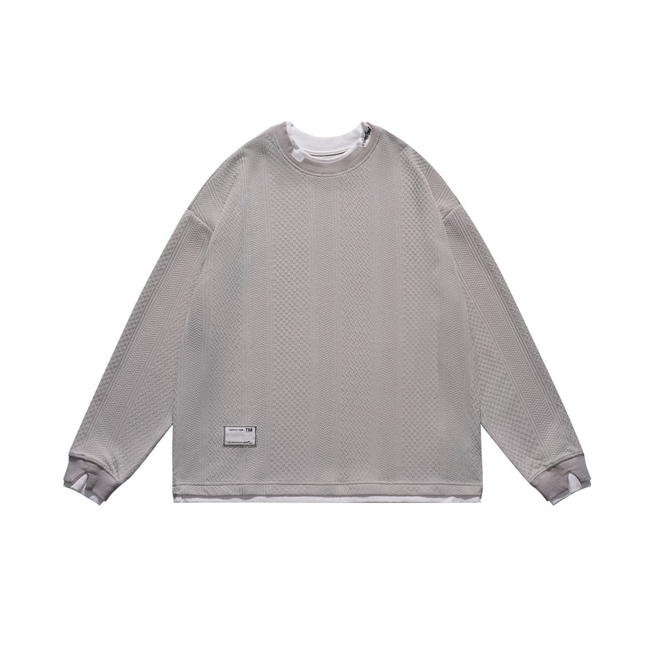 Beige gray textured crew-neck sweatshirt with white layered collar, hem and cuffs, flat front view