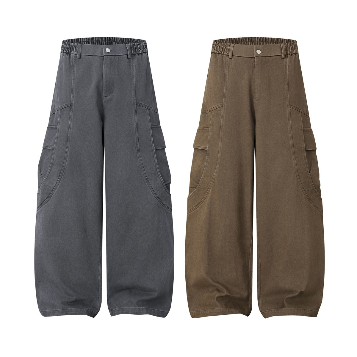 Front view of wide-leg cargo pants in charcoal and brown, with elastic waists and large side pockets.