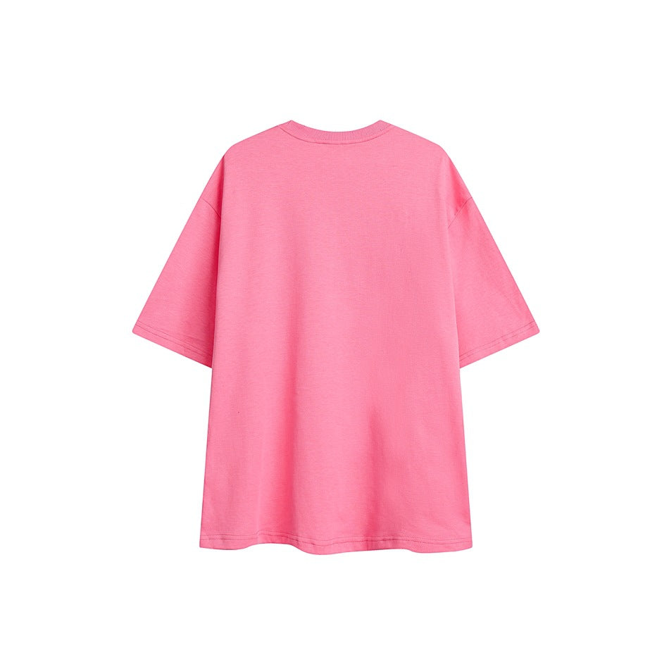 Back view of a plain pink oversized short-sleeve crew-neck T-shirt on a white background.