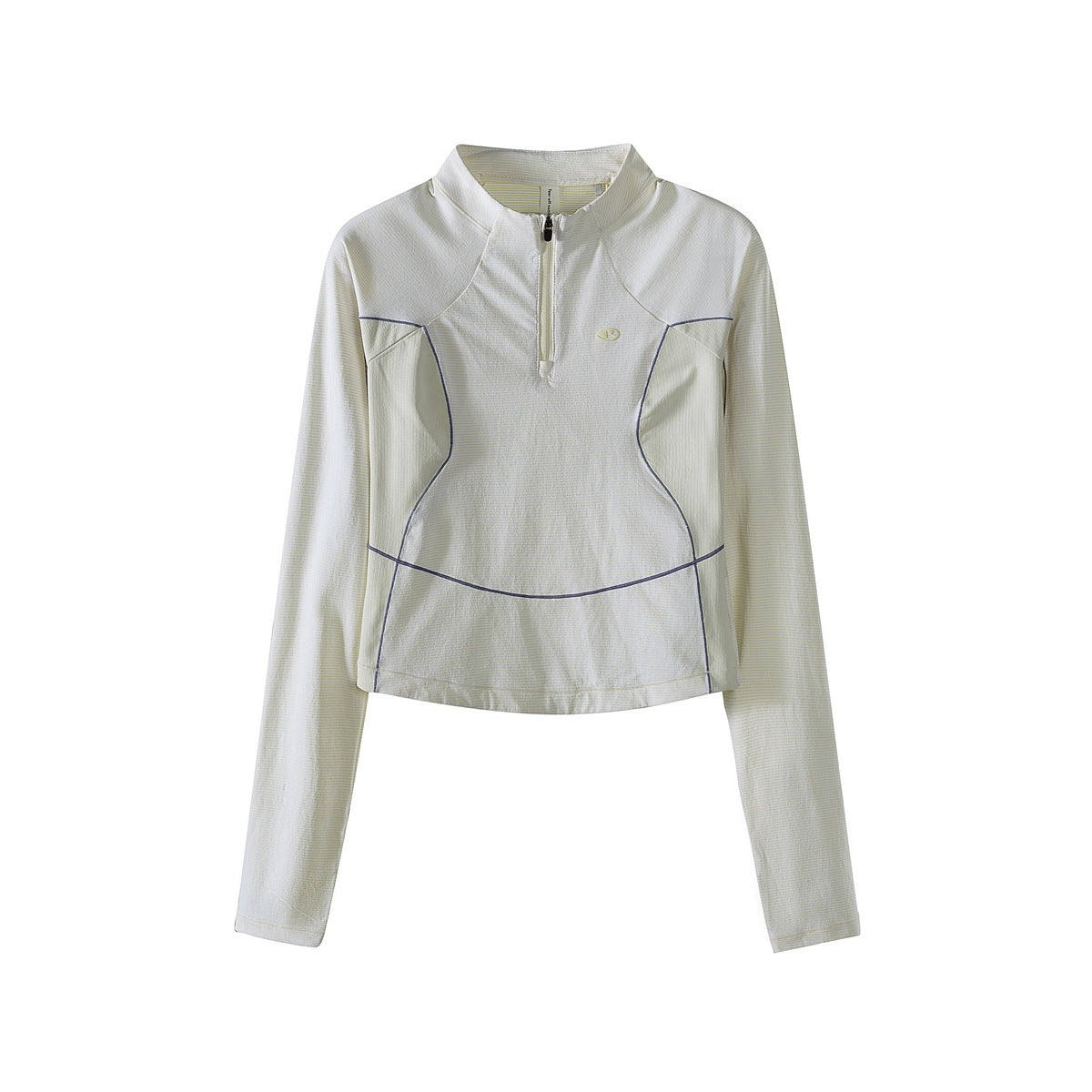 Ivory white cropped half-zip long-sleeve top with purple-gray piping and pale yellow side panels, flat lay