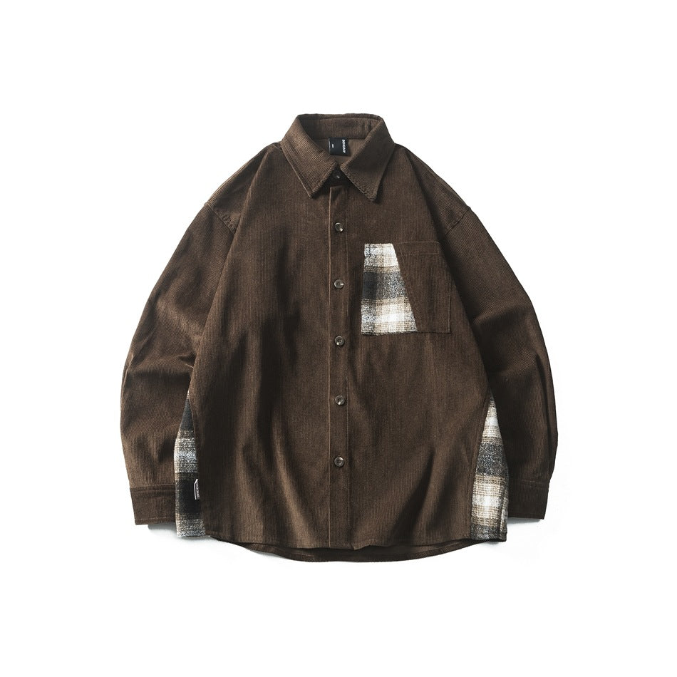Brown corduroy button-up shirt flat lay with plaid pocket and side panels
