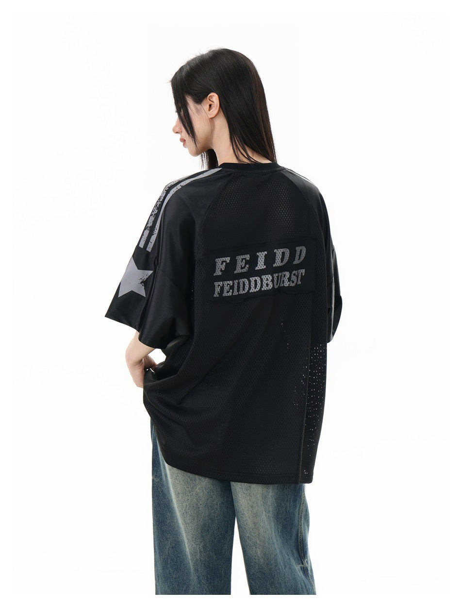 Model shown from behind wearing a black mesh jersey with gray shoulder stripes, star sleeve graphics, and back lettering.